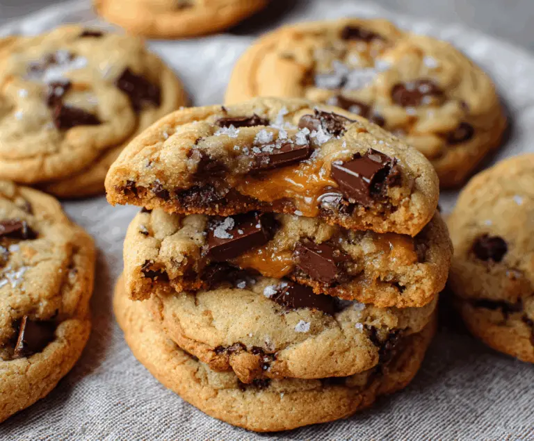 Delicious salted caramel chocolate chip cookies fresh out of the oven, showcasing gooey chocolate and caramel filling.