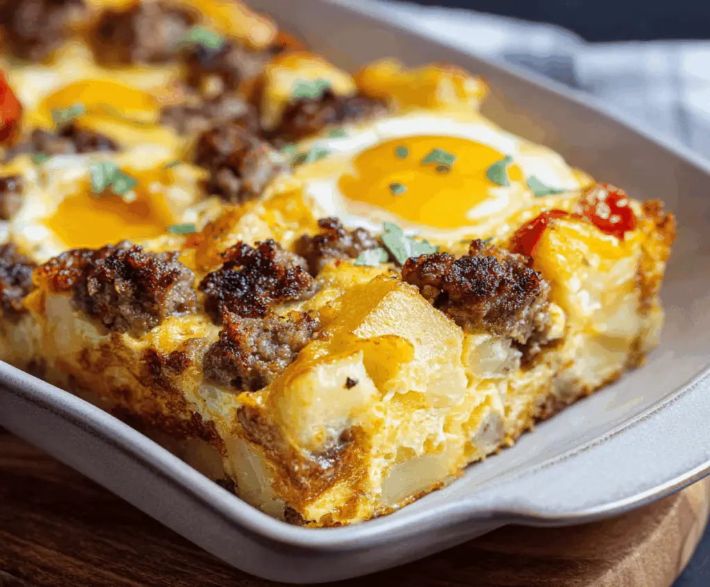 Delicious sausage and egg casserole with crispy edges, perfect for breakfast or brunch.