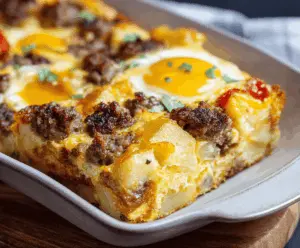 Delicious sausage and egg casserole with crispy edges, perfect for breakfast or brunch.