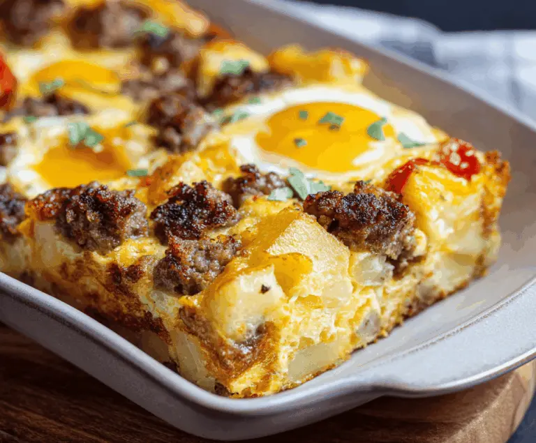 Delicious sausage and egg casserole with crispy edges, perfect for breakfast or brunch.