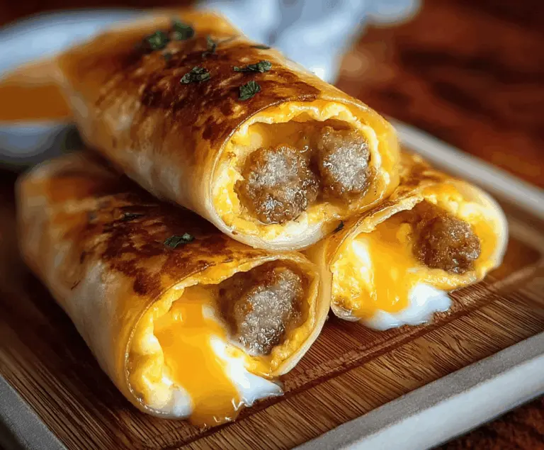 Delicious sausage and scrambled eggs breakfast roll-ups on a plate, perfect for morning meals.