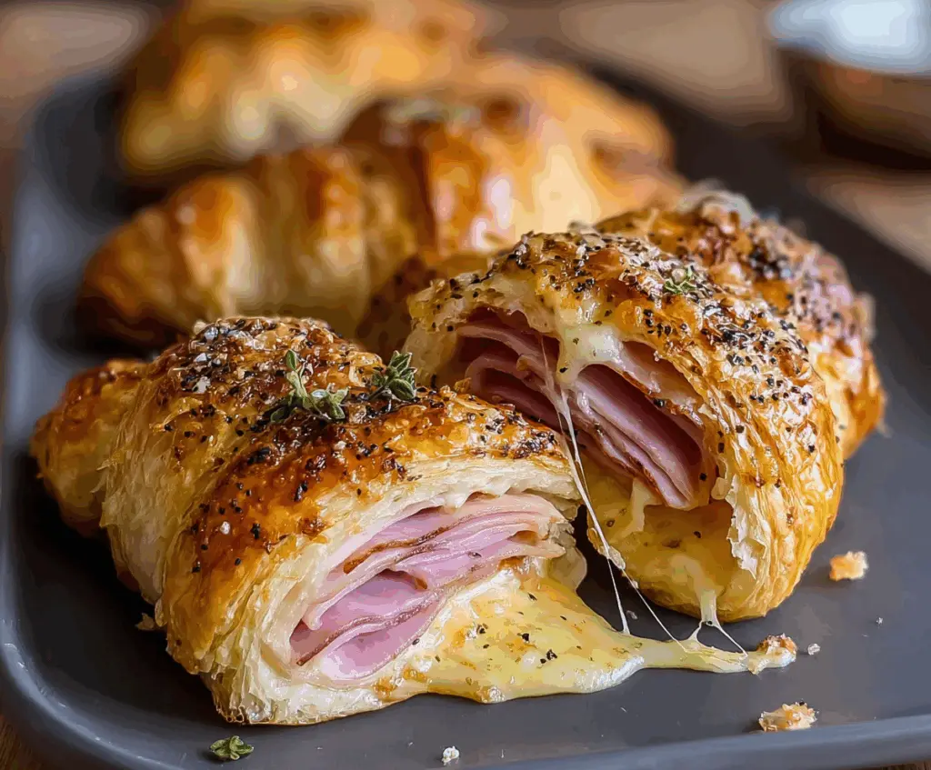 Baked savory ham and cheese croissant delights on a plate, perfect for breakfast or brunch.