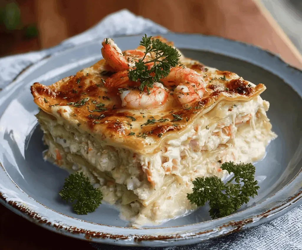 Delicious shrimp and crab lasagna with melted cheese and fresh herbs on a white plate