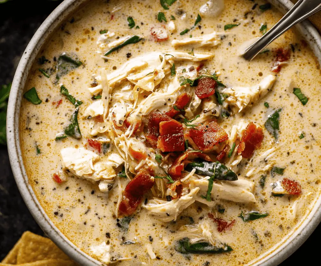 Delicious slow cooker crack chicken soup in a bowl with creamy texture and herbs.