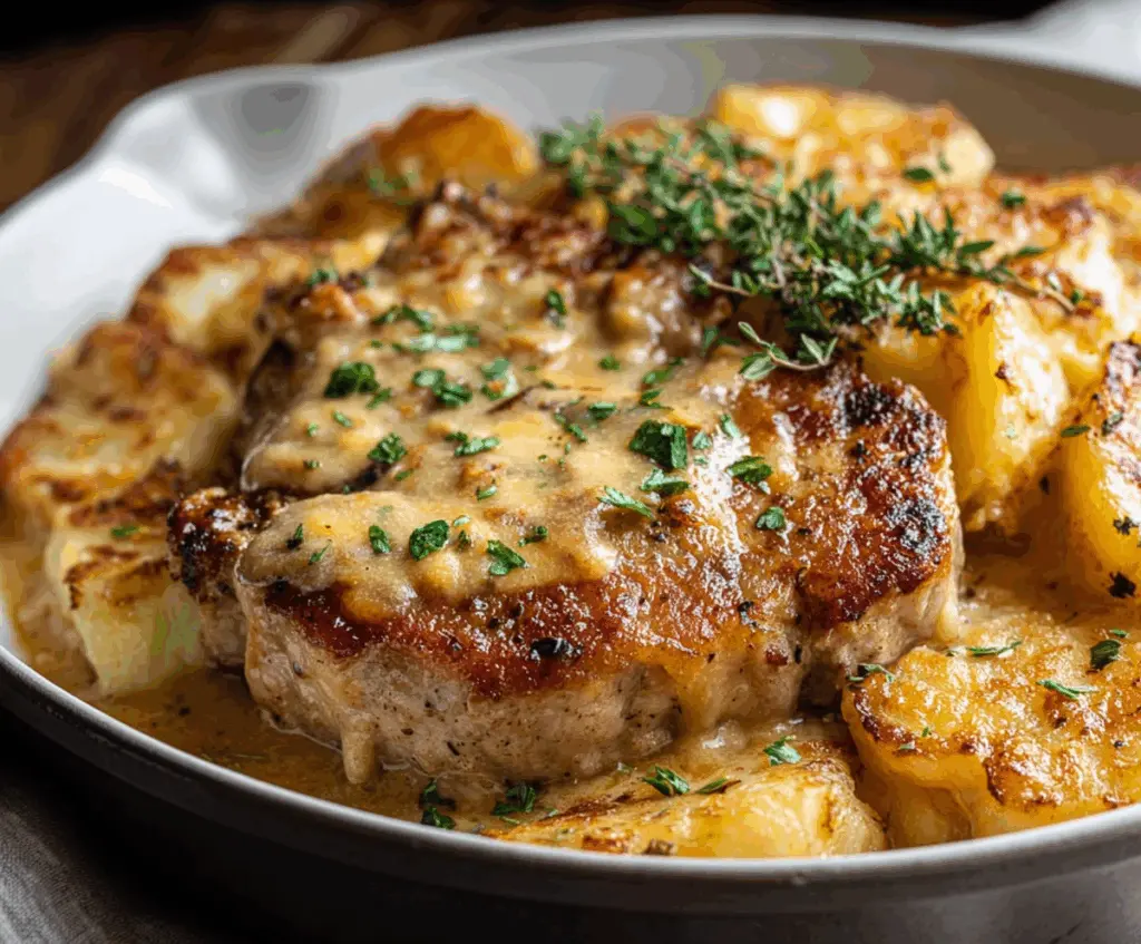 Delicious smothered pork chop served with creamy scalloped potato casserole on a rustic plate.