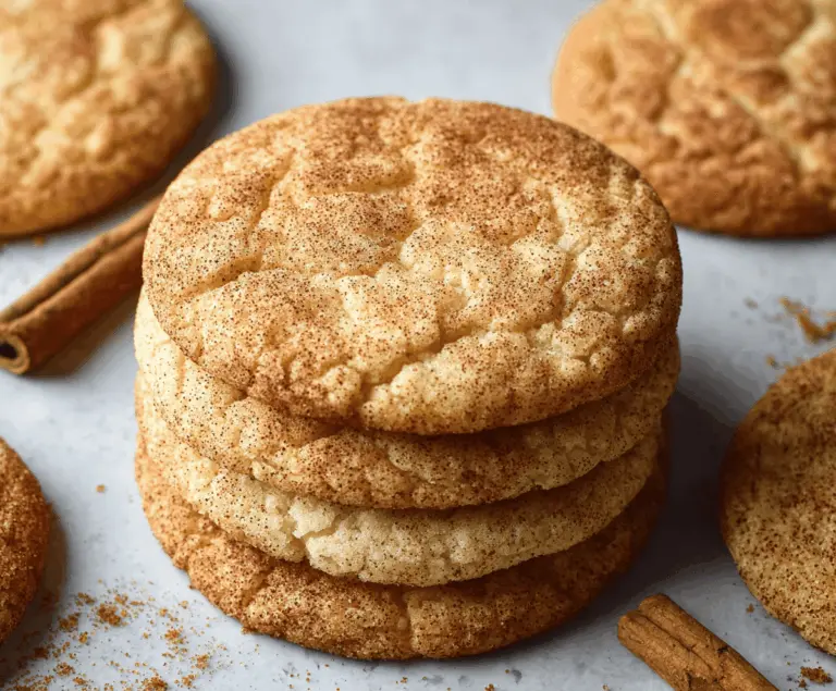 Golden-brown Snickerdoodle cookies sprinkled with cinnamon sugar on a baking sheet.