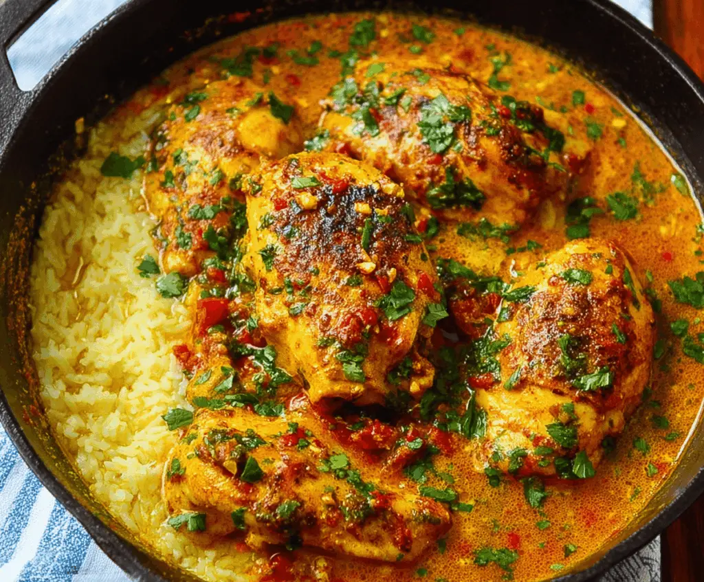 Delicious spicy Brazilian coconut chicken served with vibrant vegetables on a rustic plate.