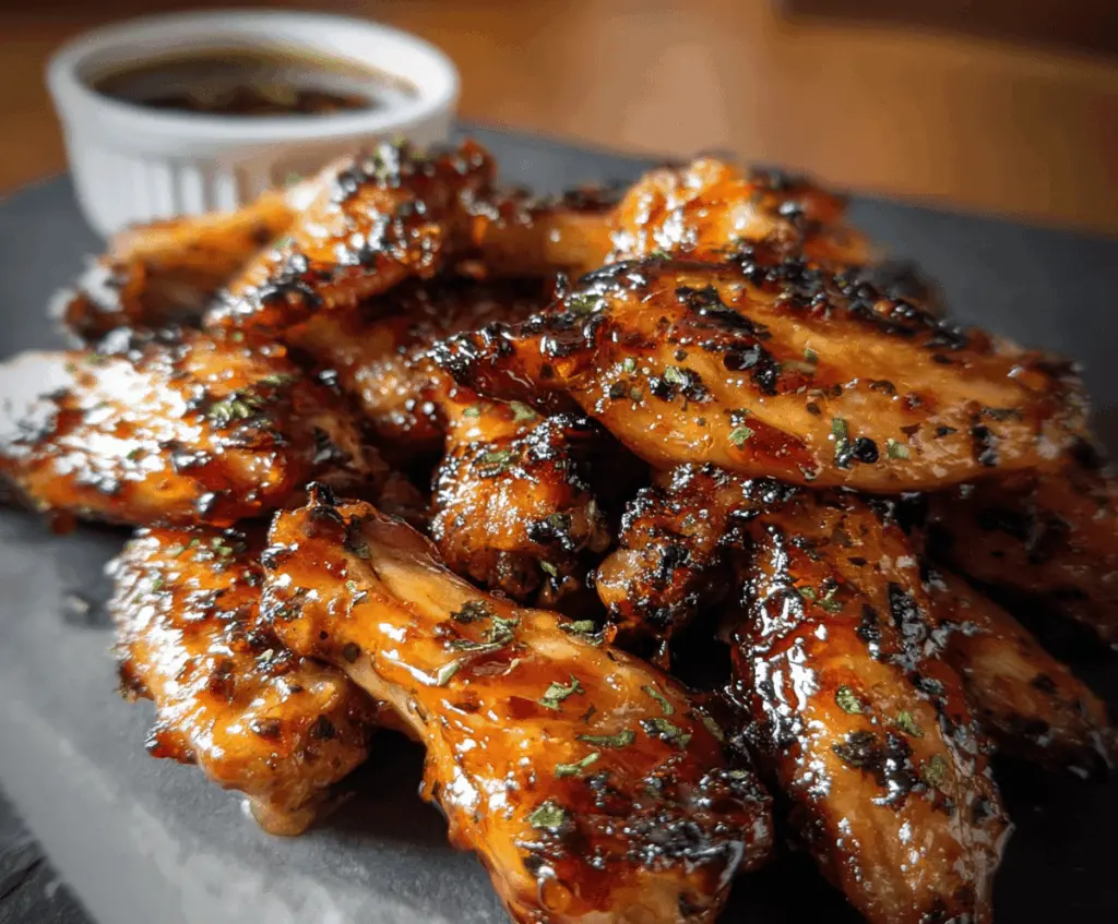 Delicious Sticky Pineapple-Teriyaki Chicken Wings served on a platter with garnishes