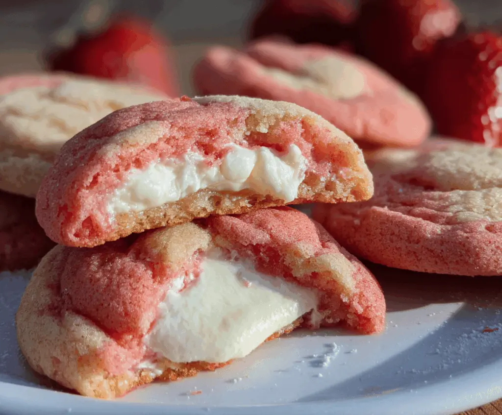 Delicious strawberry cheesecake stuffed cookies with fresh strawberries and creamy filling