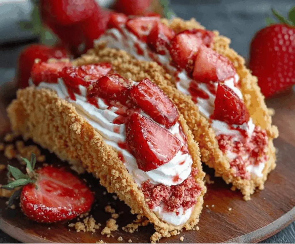 Delicious strawberry crunch cheesecake tacos topped with fresh strawberries and crunchy cookie crumble.