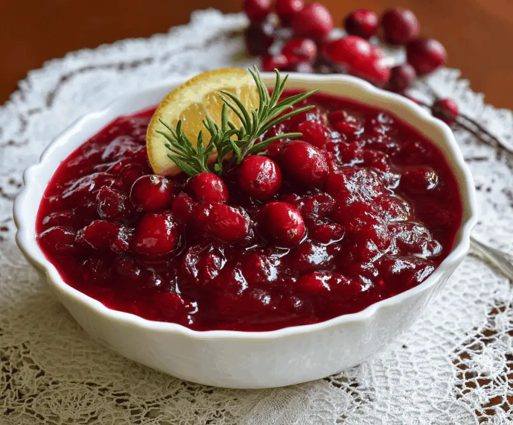 Delicious homemade Christmas cranberry sauce served in a bowl with fresh cranberries and mint garnish.