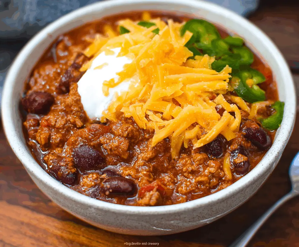 Delicious bowl of The Pioneer Woman Chili with melted cheese and fresh herbs.