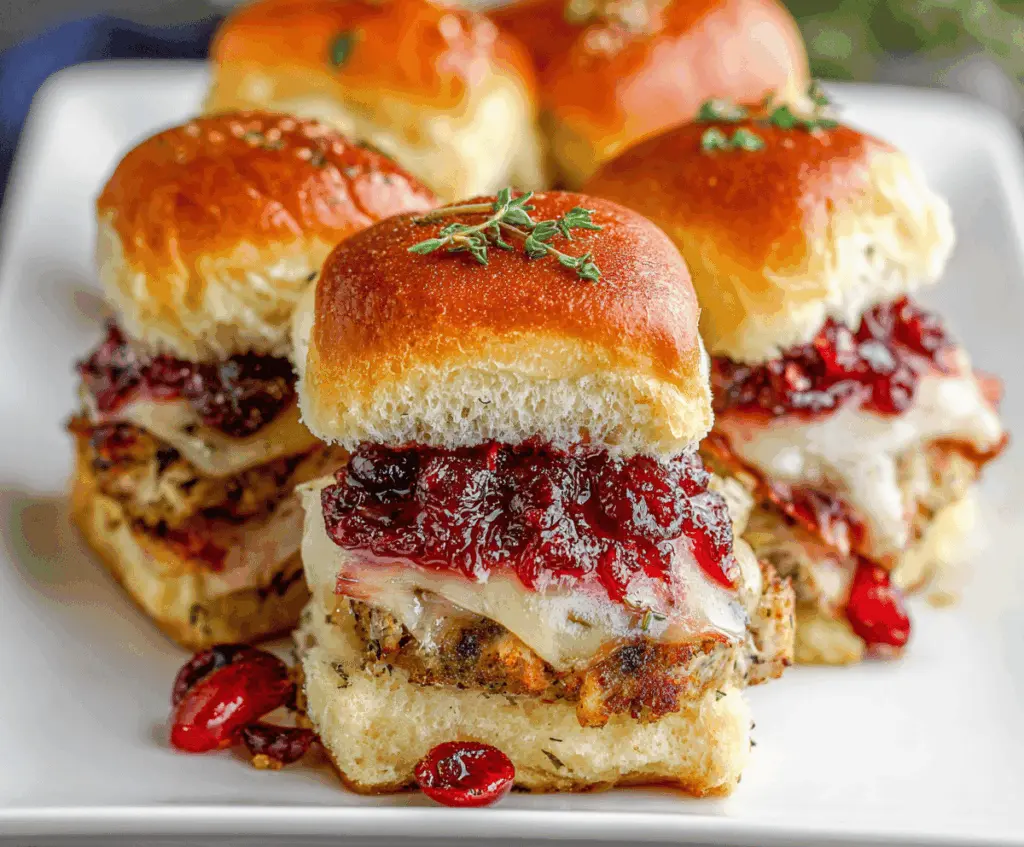 Delicious turkey cranberry sliders stacked with fresh ingredients on a platter.