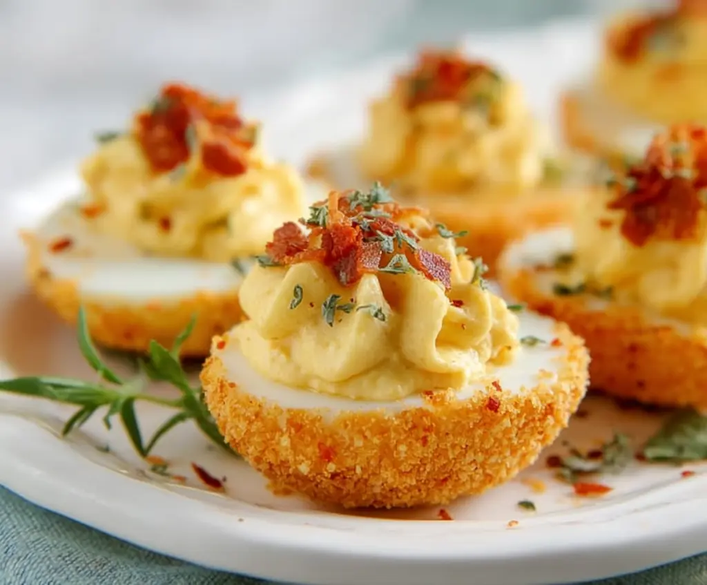 Delicious Air Fryer Deviled Eggs served on a white plate with garnishes