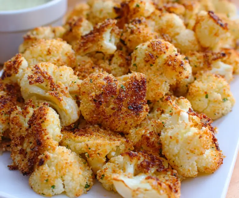 Crunchy air fryer Parmesan roasted cauliflower florets garnished with fresh herbs.