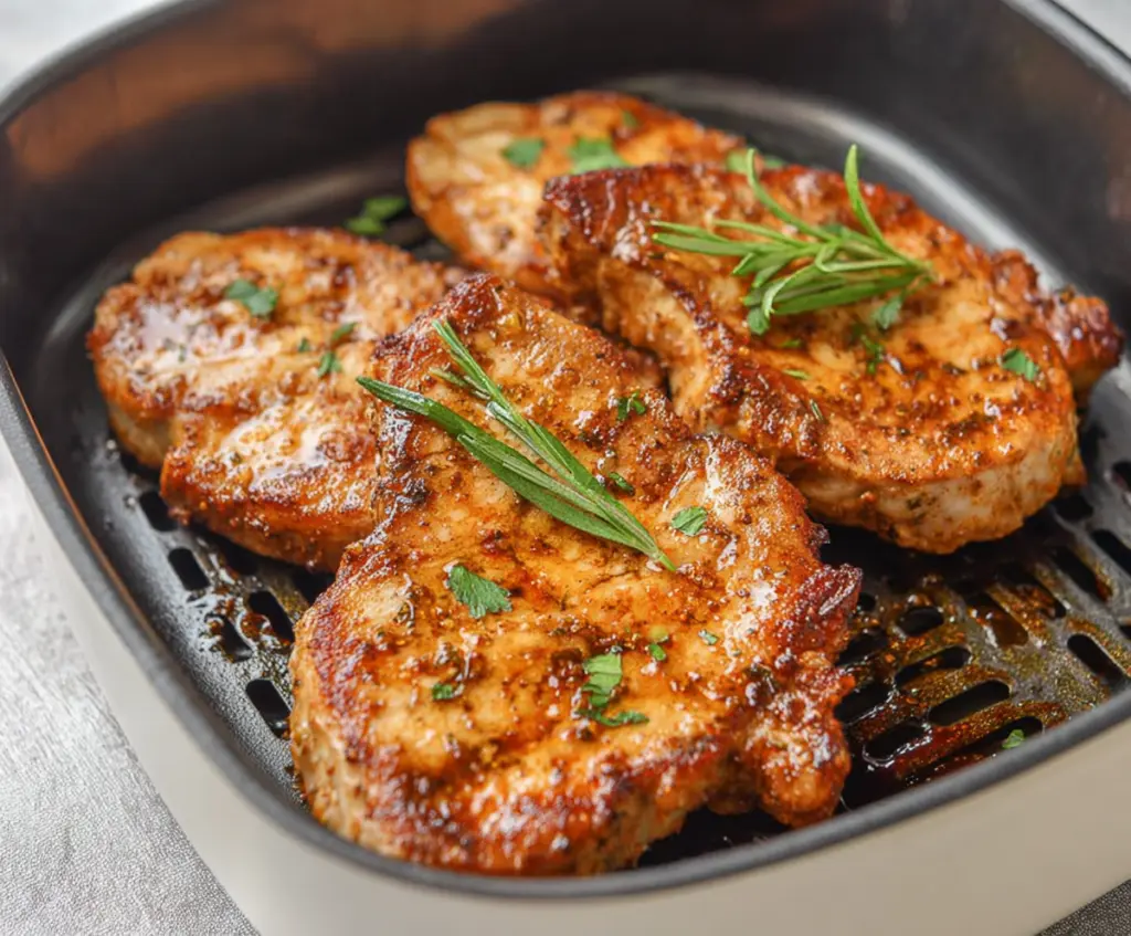 Crispy air fryer thin pork chops served on a white plate with herbs