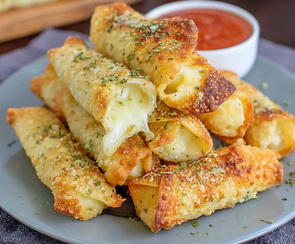 Delicious air fryer wonton mozzarella sticks served with marinara sauce on a wooden platter.