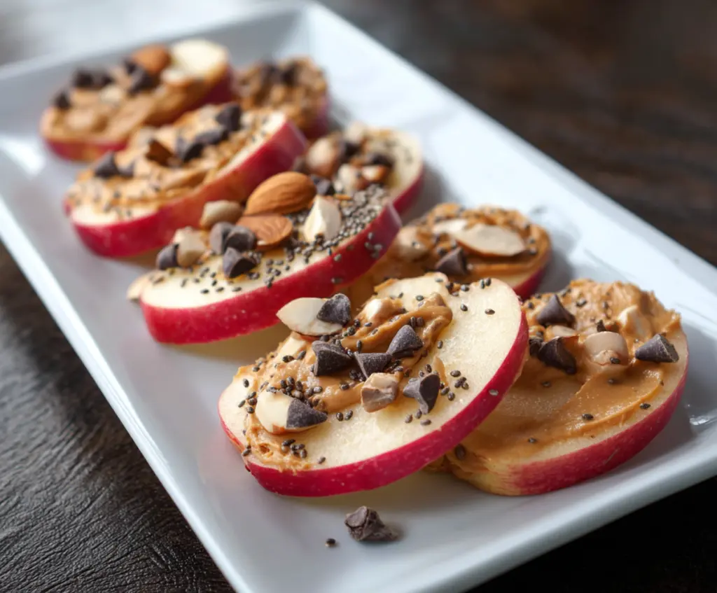 Fresh apple slices topped with creamy almond butter and sprinkled with chia seeds, a healthy snack option.