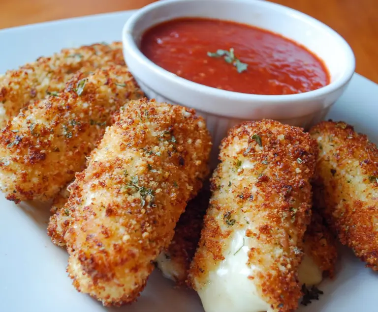 Golden baked mozzarella sticks served with marinara sauce, perfect for snack or appetizer.