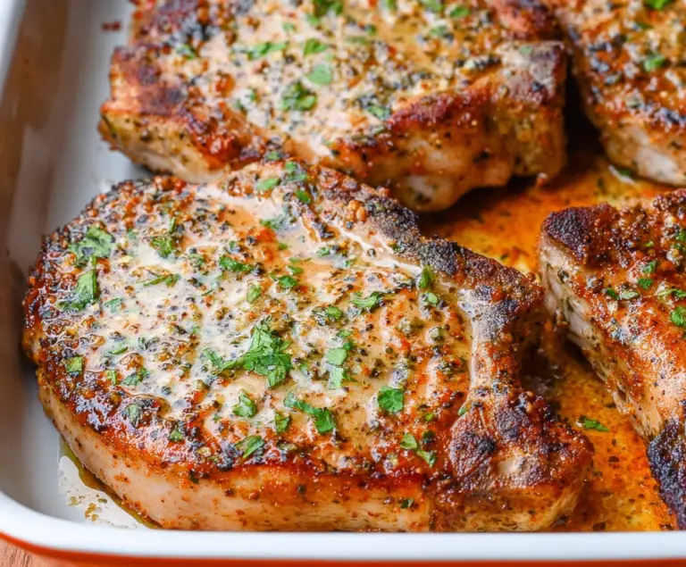 Juicy baked ranch pork chops with golden crust served on a plate.