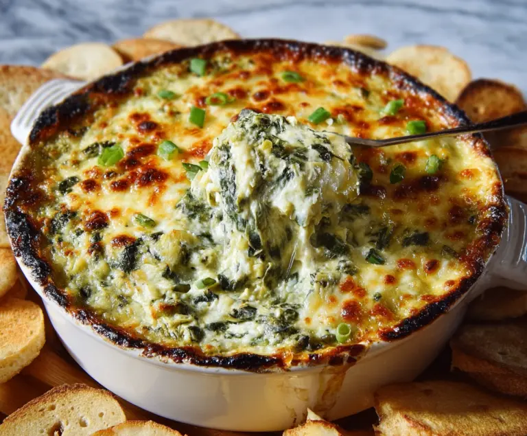 Delicious baked spinach artichoke dip served in a bowl, perfect for sharing at parties.