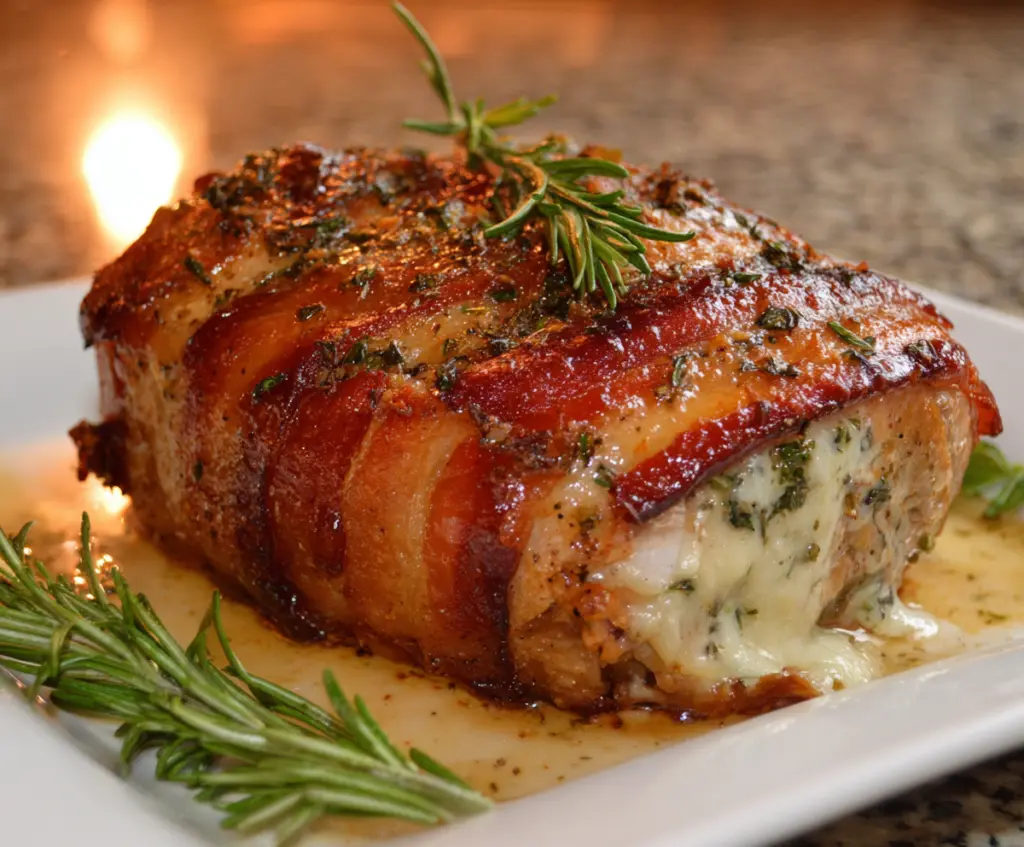 Delicious baked stuffed pork chops garnished with herbs on a plate.