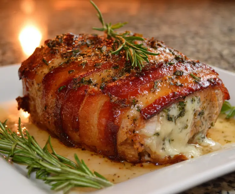 Delicious baked stuffed pork chops garnished with herbs on a plate.
