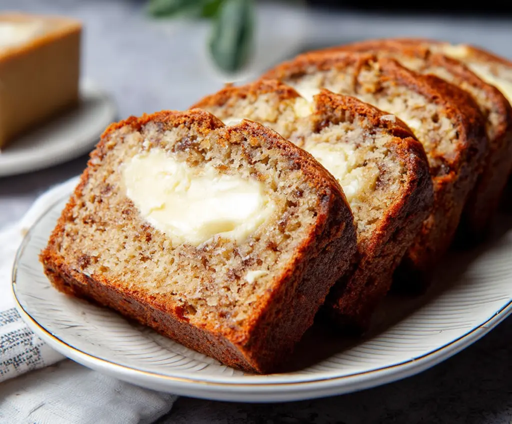 Delicious homemade banana bread with a creamy cream cheese filling, perfect for breakfast or dessert.