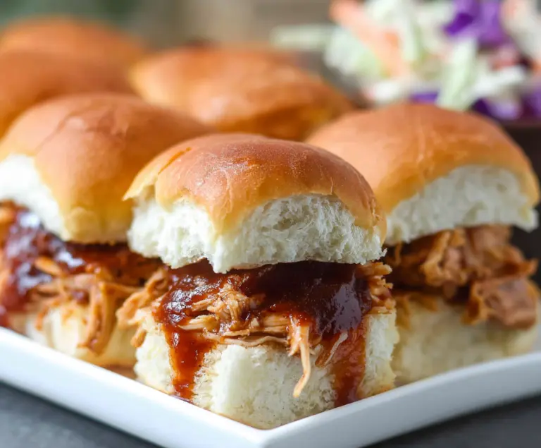 Delicious BBQ chicken sliders with melted cheese and fresh toppings on a wooden platter.