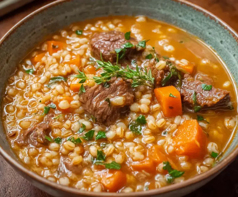Hearty beef and barley soup served in a bowl, perfect for cold days.