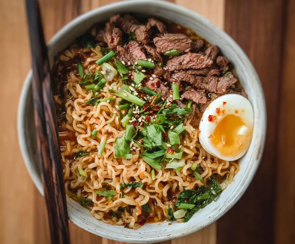 Delicious beef ramen noodles with rich broth, tender beef slices, and fresh vegetables.