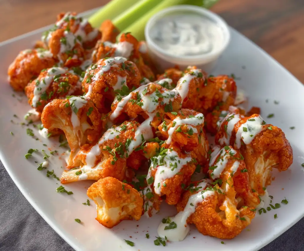 Crunchy Buffalo Cauliflower Bites served with a side of blue cheese dressing, perfect as a spicy vegetarian appetizer.