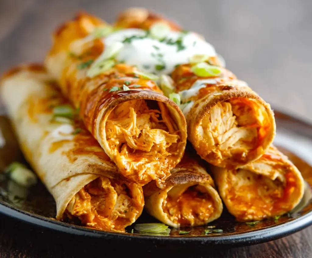 Delicious buffalo chicken taquitos served with a side of dipping sauce, perfect for a spicy appetizer or snack.