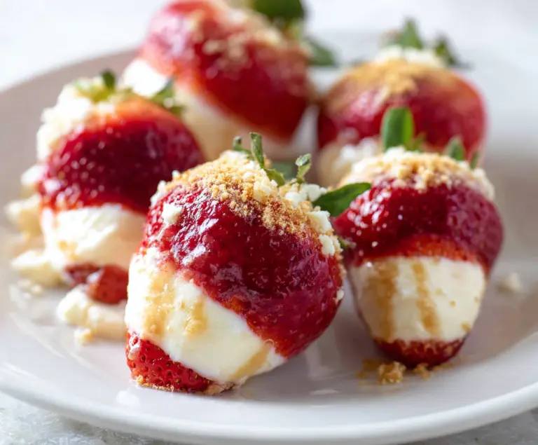 Delicious cheesecake stuffed strawberries garnished with fresh mint for a sweet treat.