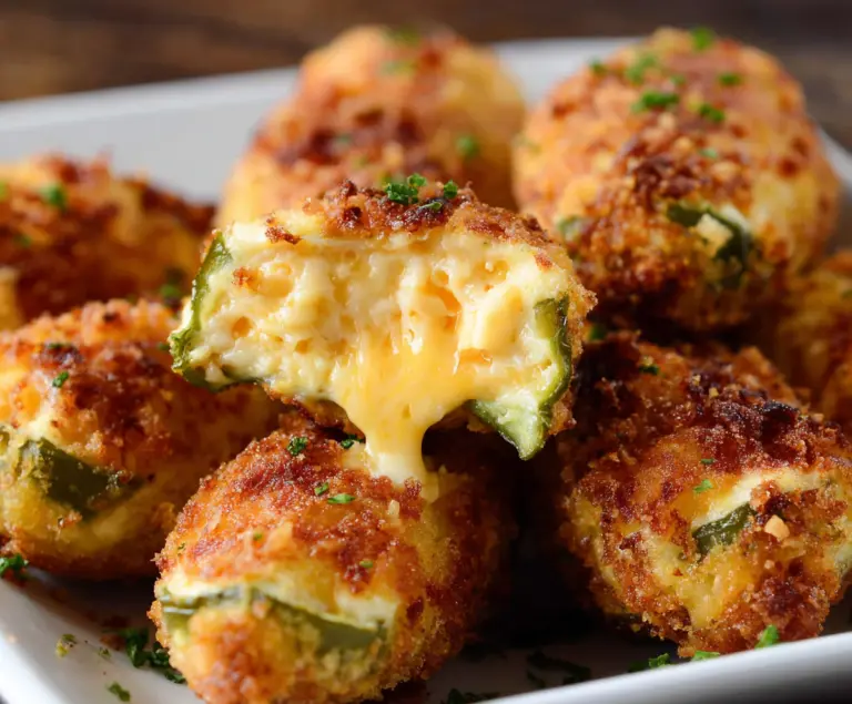Delicious cheesy jalapeño poppers stuffed with melted cheese and fresh jalapeños on a platter.