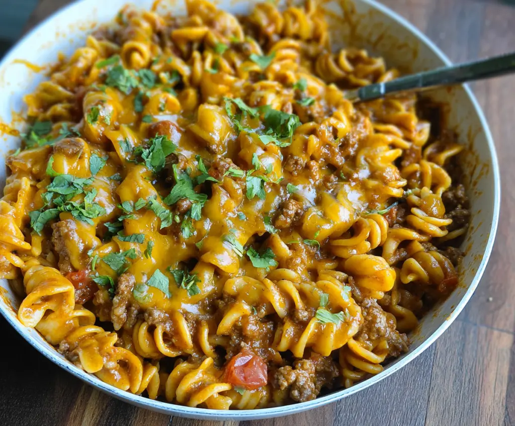 Delicious cheesy taco pasta served on a plate with fresh vegetables and melted cheese topping.