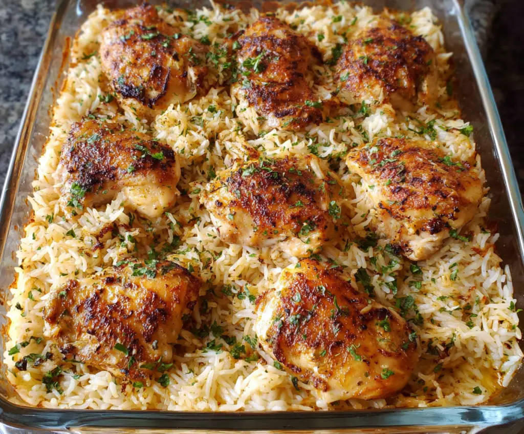 Delicious chicken and rice bake in a baking dish, garnished with herbs and vegetables