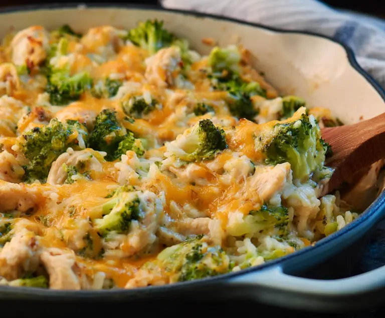 Delicious chicken broccoli rice casserole in a baking dish ready to serve