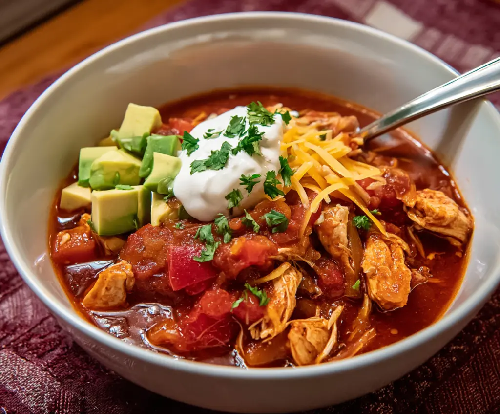 Delicious homemade chicken chili in a bowl, garnished with fresh herbs and melted cheese.