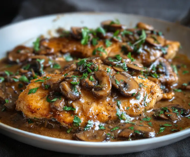 Delicious Chicken Marsala with tender chicken breasts cooked in rich Marsala wine sauce served on a white plate.
