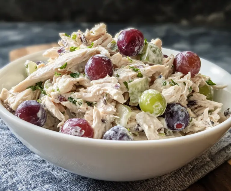 Fresh chicken salad with sweet grapes and crisp vegetables, perfect for a healthy meal.