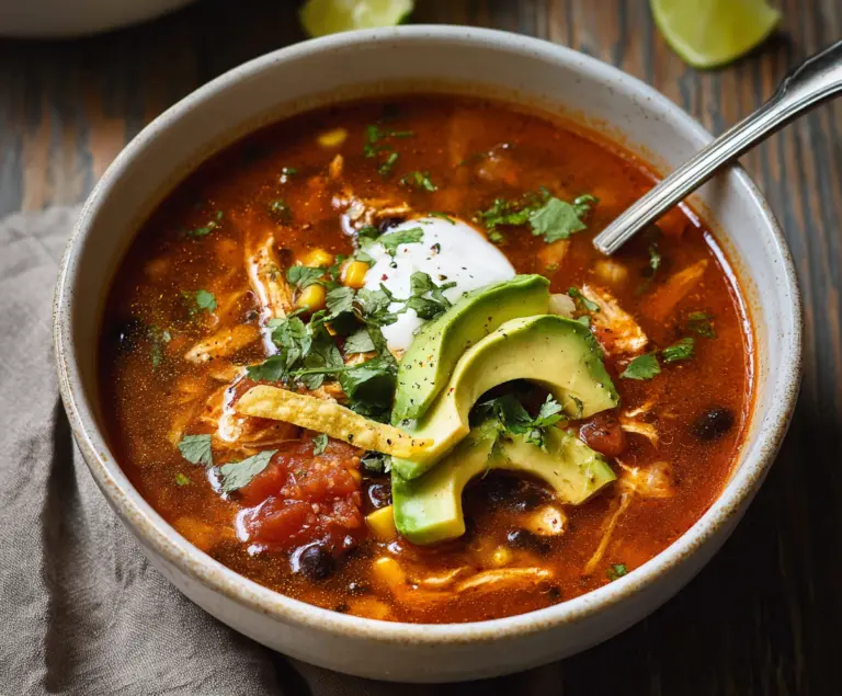 Hearty chicken tortilla soup in a bowl with fresh toppings, perfect for a comforting meal.