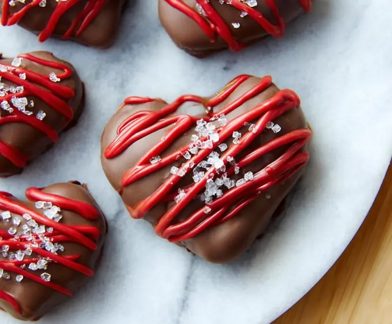 Delicious chocolate-dipped strawberry pretzel hearts perfect for Valentine's Day treats.