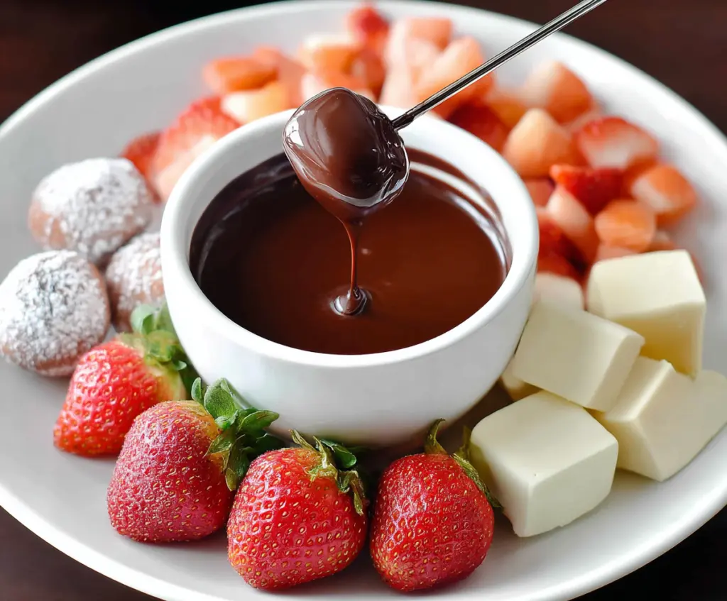 Delicious chocolate fondue for two served with fresh strawberries and marshmallows.