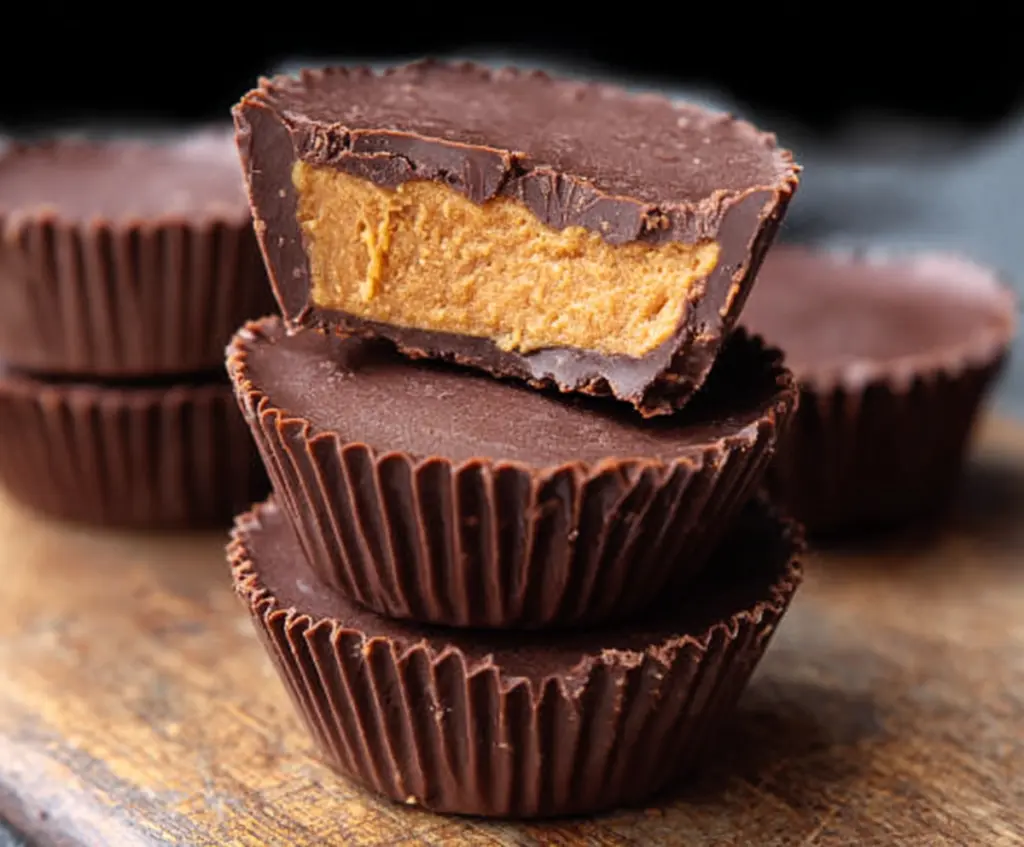Delicious homemade Reese’s peanut butter cups on a white plate, showcasing a rich chocolate coating and creamy peanut butter filling.