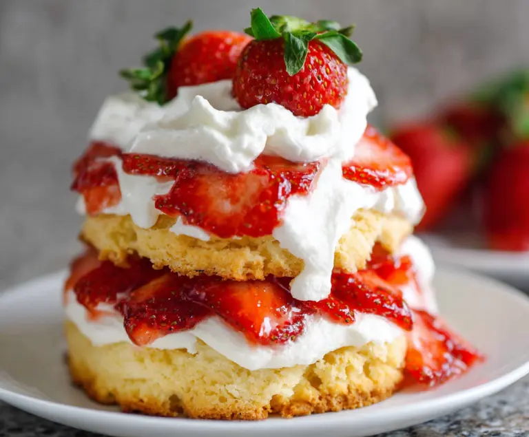 Delicious classic strawberry shortcake with fresh strawberries, whipped cream, and fluffy sponge cake.
