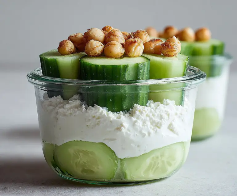 Close-up of Cottage Cheese Cucumber Snack Cups garnished with herbs, perfect for a healthy appetizer.