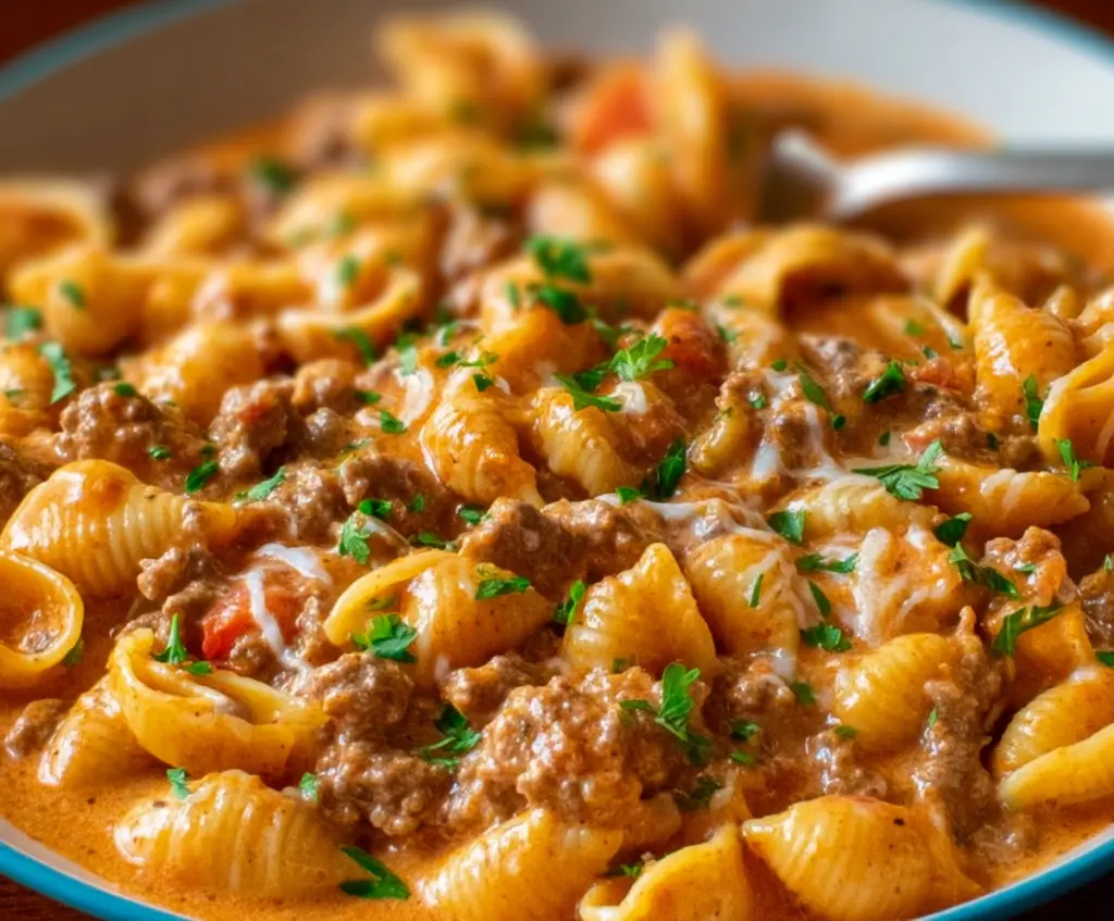 Delicious creamy beef and pasta shells dish with melted cheese and savory flavors.