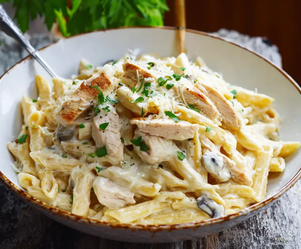 Delicious creamy chicken Alfredo pasta with tender chicken and rich Alfredo sauce on a white plate.