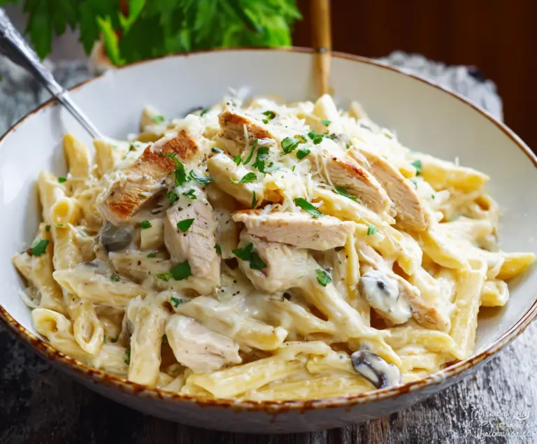 Delicious creamy chicken Alfredo pasta with tender chicken and rich Alfredo sauce on a white plate.